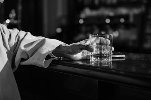 Moody black and white image of a hand holding a whiskey glass on a bar counter.