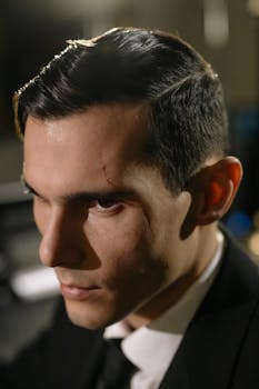 Close-up shot of a mysterious man with a scar, evoking a classic noir style.