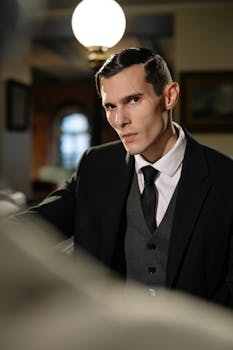 Mysterious man in suit exudes noir vibes in dimly lit room.