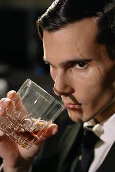 A mysterious man with a scar sips a drink, exuding a cinematic noir atmosphere.