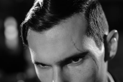 Close-up black and white portrait highlighting a scarred face with a moody, cinematic atmosphere.