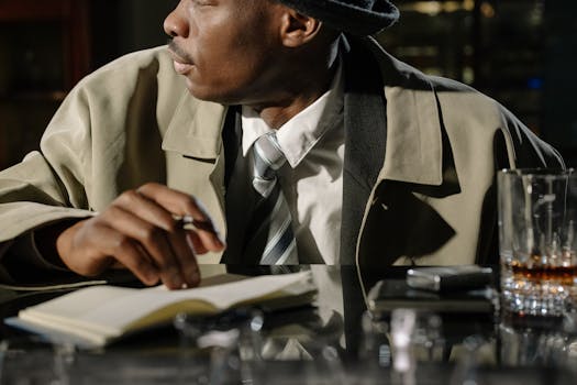 Mysterious detective in trench coat taking notes, evoking film noir vibes.