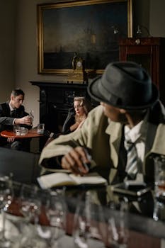 A detective in a trench coat observes guests in a dimly lit bar, capturing a classic noir atmosphere.
