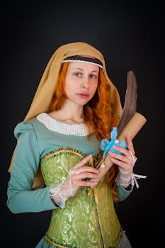 Charming young female in creative costume holding scroll with feather while looking at camera and standing on black background in studio