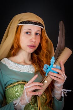 Gorgeous female with long ginger hair in elegant dress and headwear holding scroll with feather and blue ribbon on black background
