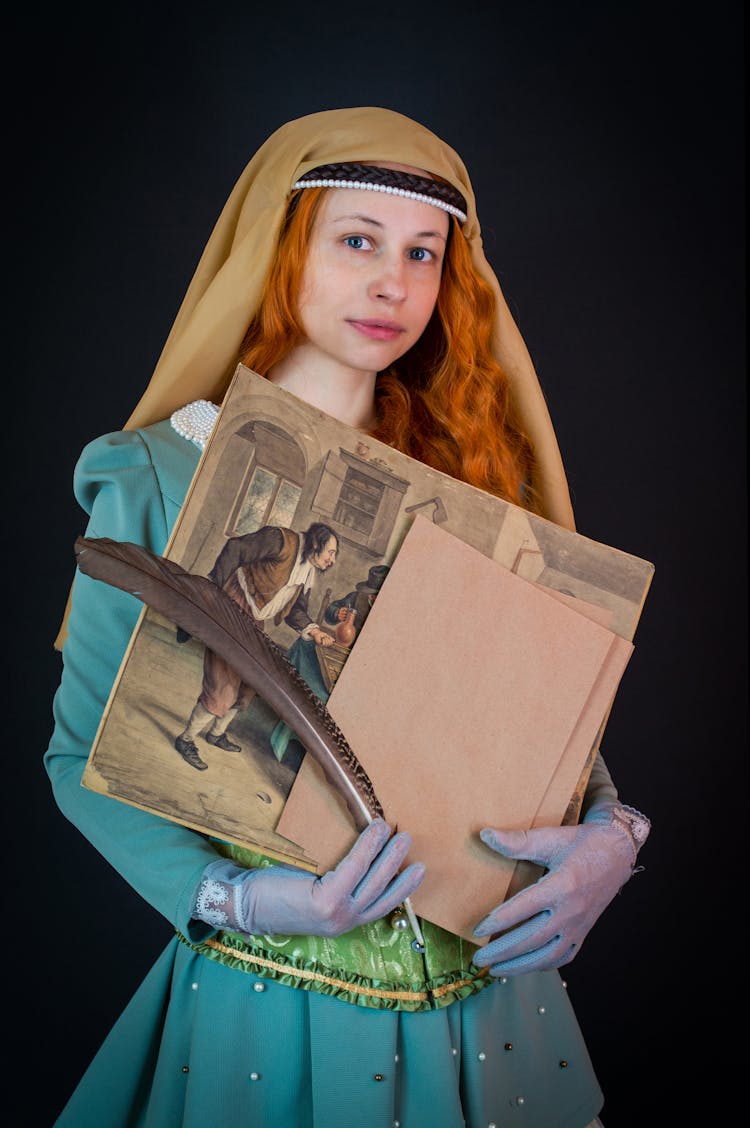 Woman In Dress With Picture And Feather