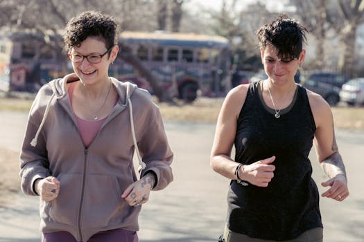 Two women enjoying a jog outdoors, embracing fitness and wellness on a sunny day.
