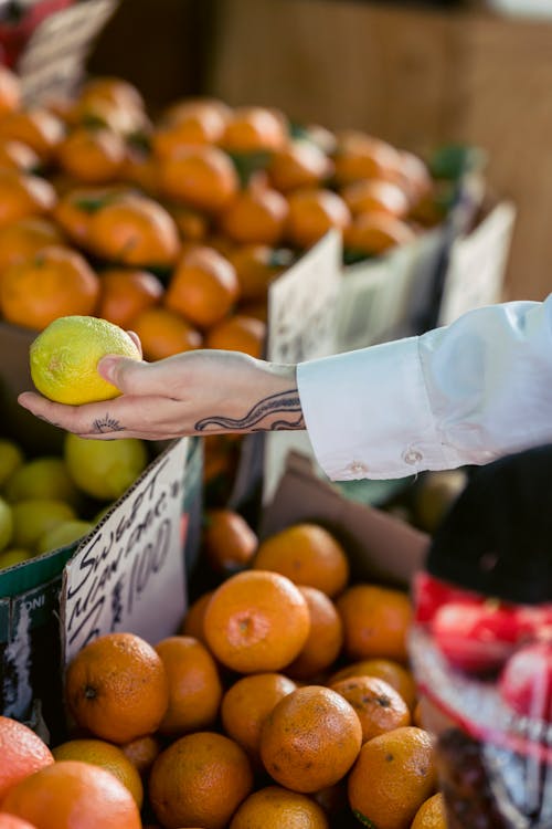 Crop unrecognizable tattooed buyer choosing fresh ripe lemon while purchasing fruits in grocery store
