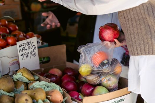 Side view of crop anonymous female customer standing near cardboard boxes with assorted ripe fruits and choosing pomegranate on sunny day in street food market