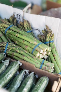 From above of bunch of fresh asparagus and cucumbers in cardboard boxes in local street food market on sunny day