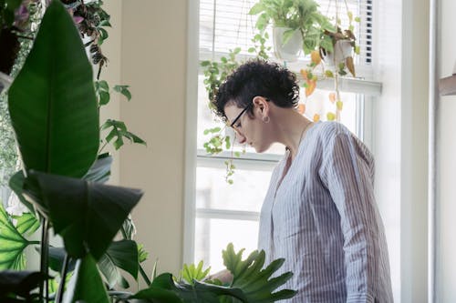 Attentive woman against potted plants in room