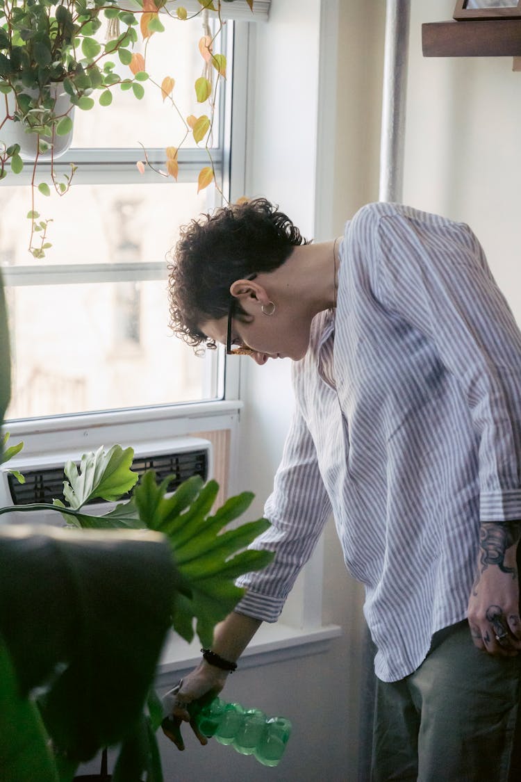 Tattooed Woman Spraying Philodendron In House Room