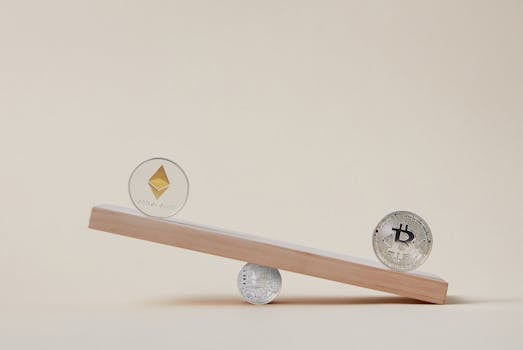 Minimalist image of Ethereum and Bitcoin coins balancing on a plank, symbolizing crypto market dynamics.