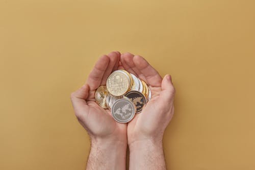 Person Holding Gold and Silver Round Coins