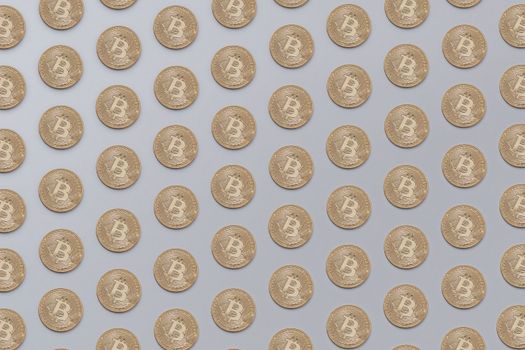 High-resolution image of golden Bitcoin coins arranged in a seamless pattern, ideal for financial or technological themes.