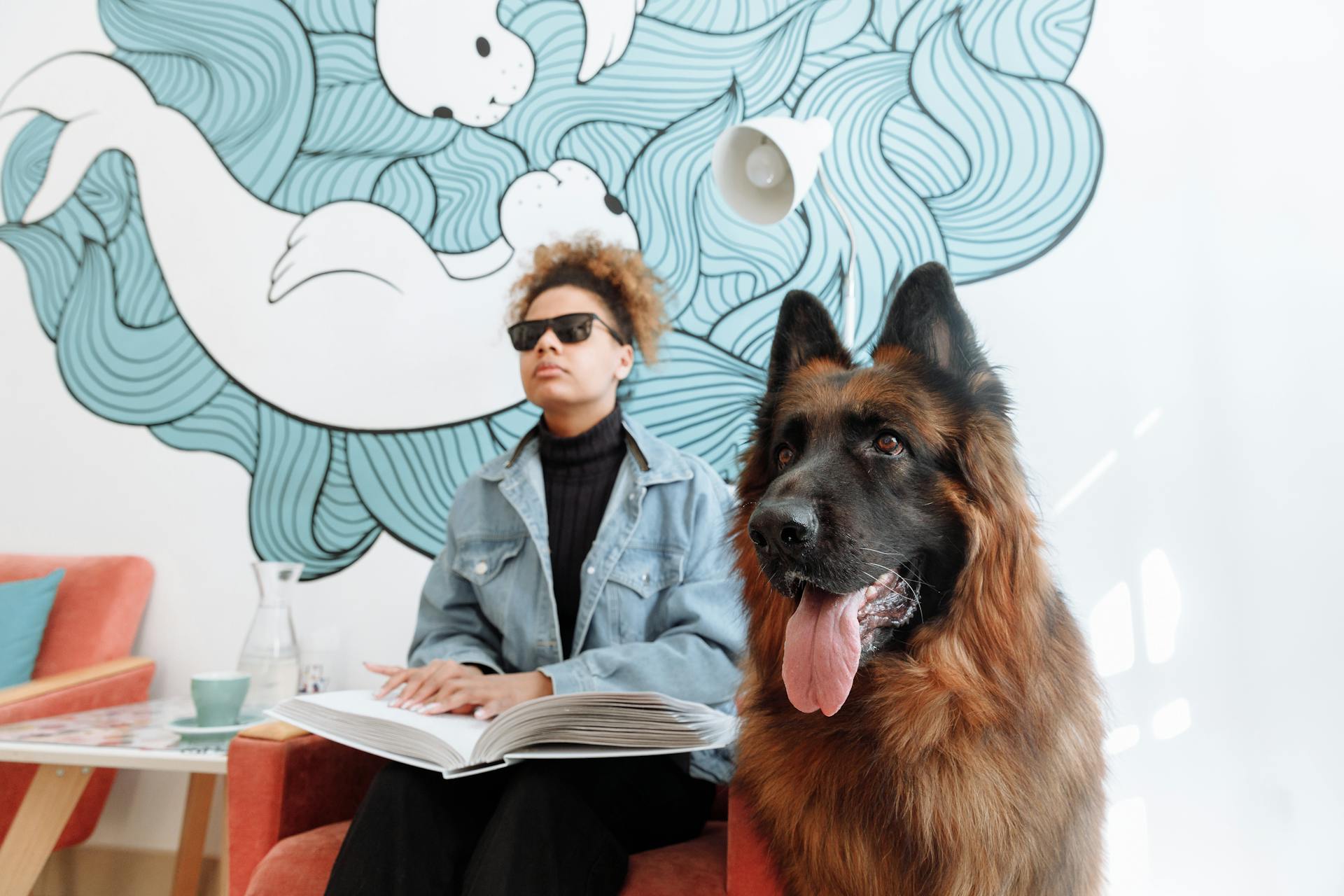 A Blind Woman Reading Braille Book with her German Shepherd