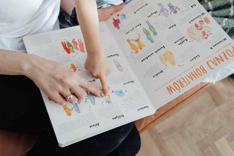 Close-up Of Two People Pointing Fingers At An Image In A Book