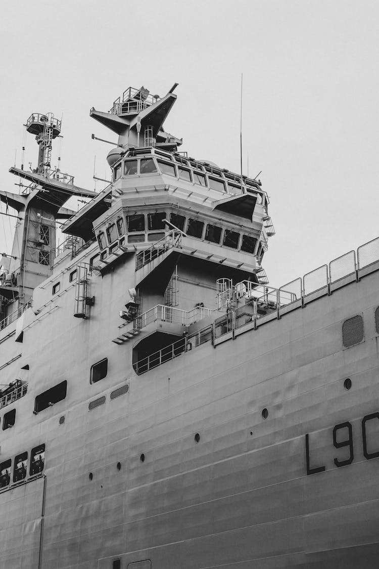 Grayscale Photograph Of A Warship