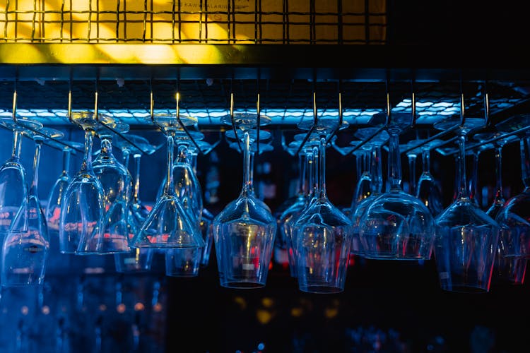 Glasses Hanging On A Bar Rack