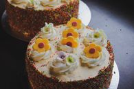 Brown and White Cake With White Icing and Sprinkles