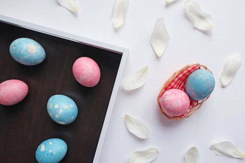 Blue and Pink Eggs on Wooden Tray