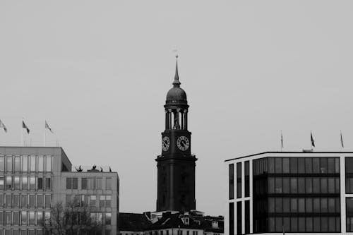 Grayscale Photo of St. Michael's Church in Hamburg, Germany
