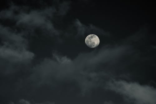 From below of moon with craters on thick clouds floating in dark sky in evening