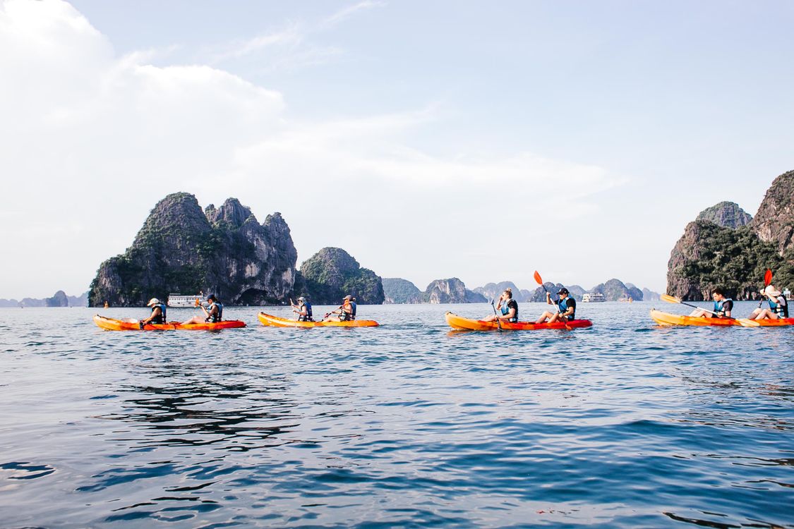 People Kayaking Through Lake in Row · Free Stock Photo