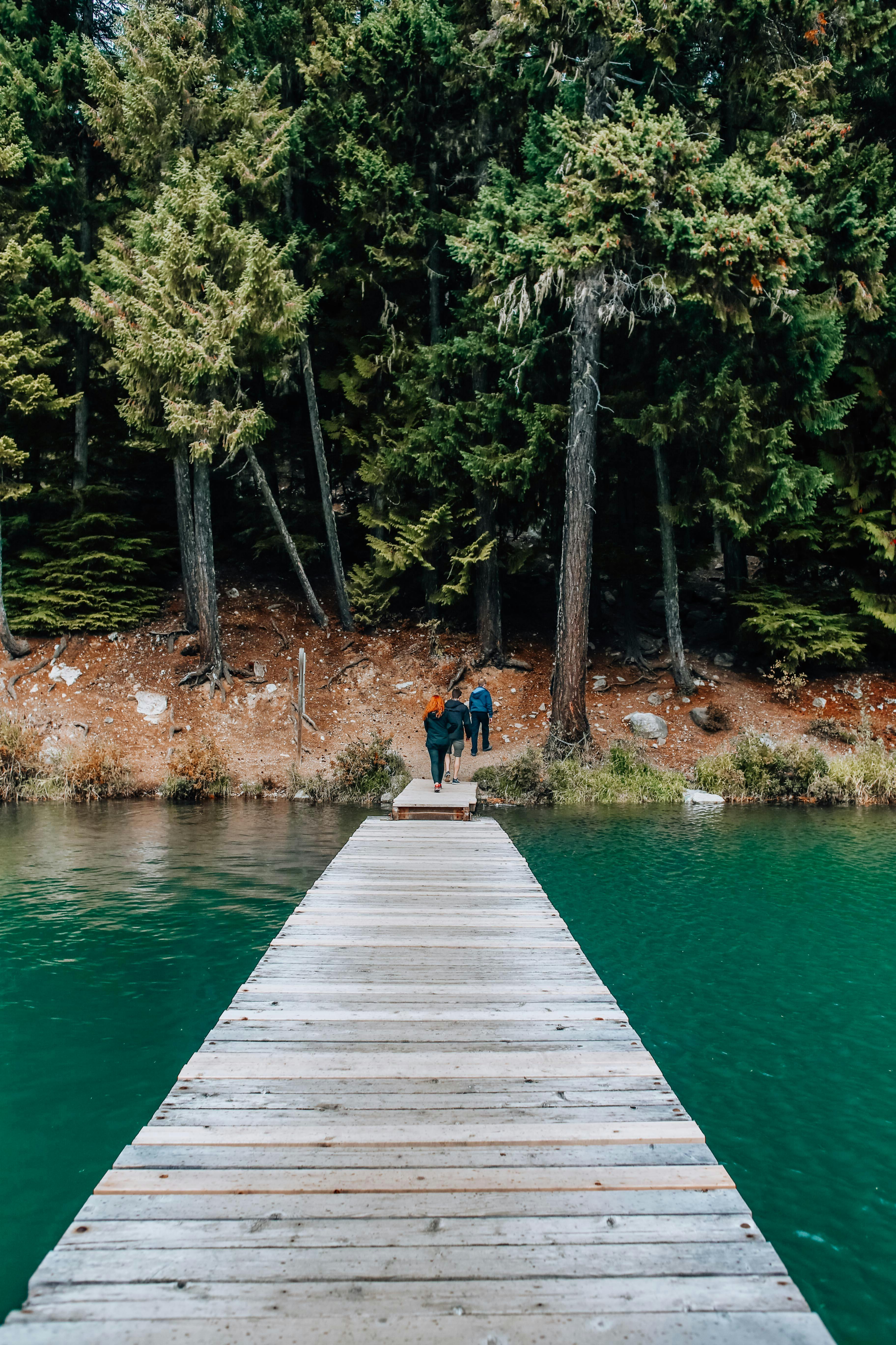 Couple walking on dock by tranquil forest lake, serene and picturesque.