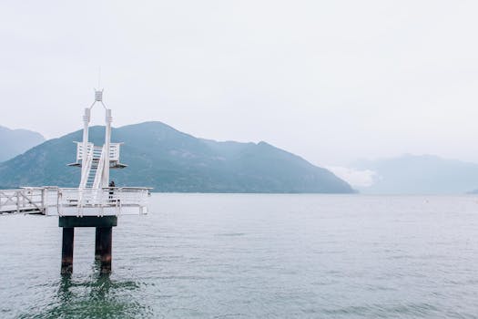 A tranquil scene of a white dock extending over a foggy lake with mountains in the background.