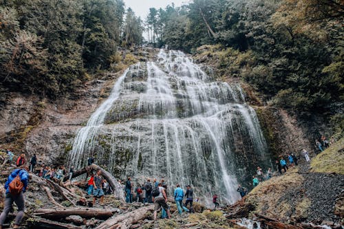 People Standing on a Brown Rock near the Waterfall