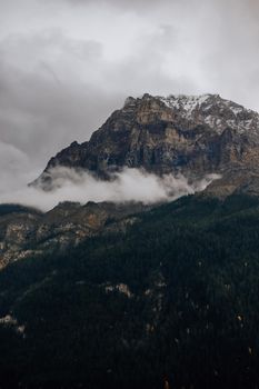 A dramatic view of a forested rocky mountain peak shrouded in mist under an overcast sky.