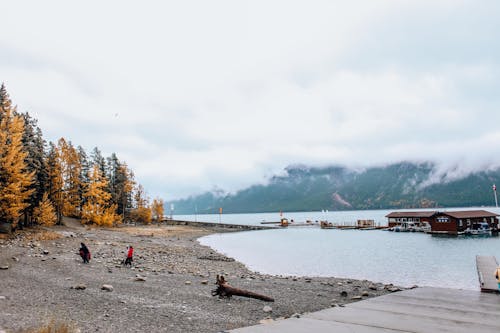 Landscape with Pebbles on a Lake Shore and Fog in Mountains