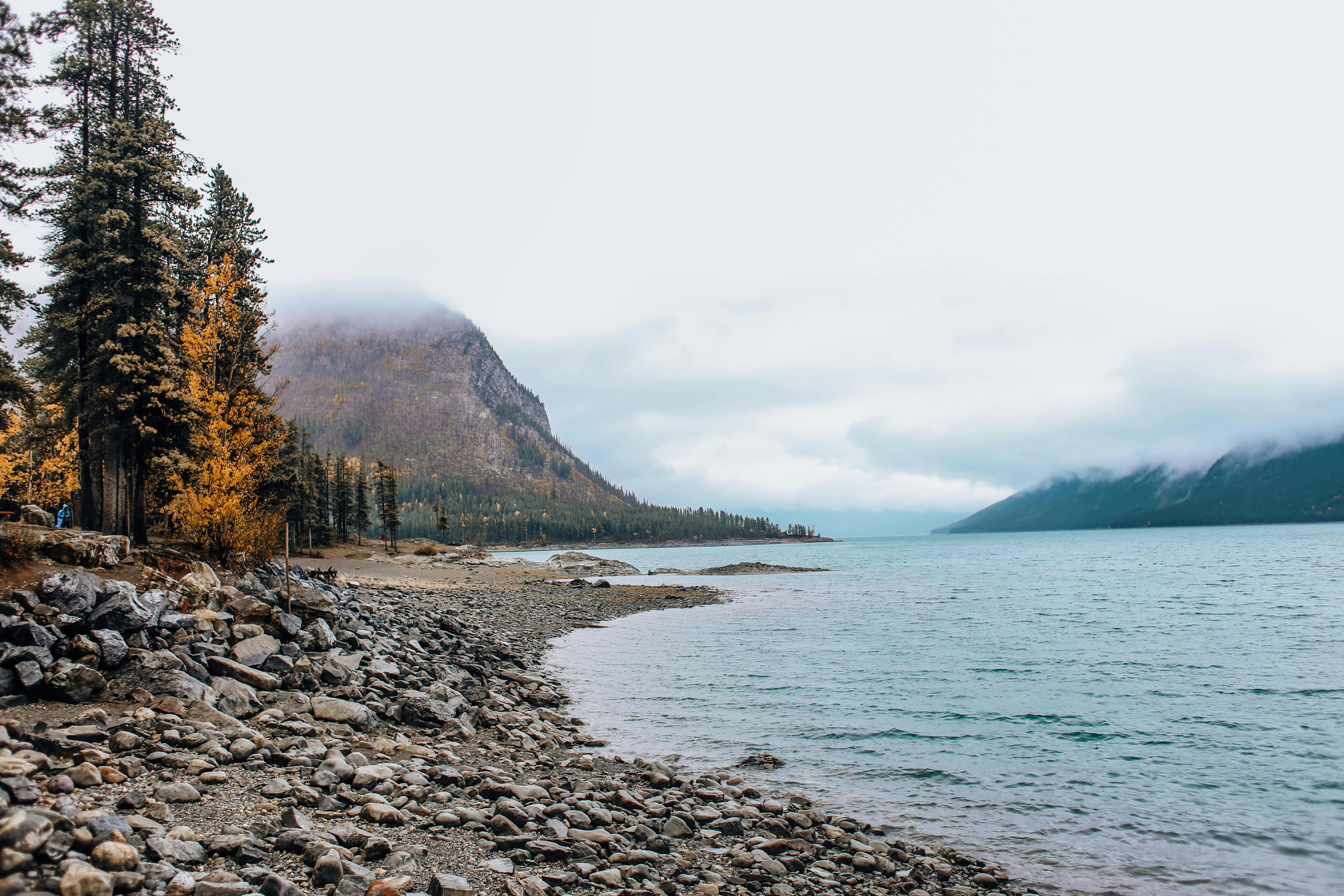 令人惊叹的岩石湖岸景色，背景是秋天的树木和雾蒙蒙的山脉