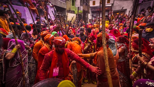 Colorful crowd celebrating Holi festival with traditional attire and dances in the streets of India.