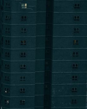 A dark and moody urban night scene of a high-rise building in Ho Chi Minh City.