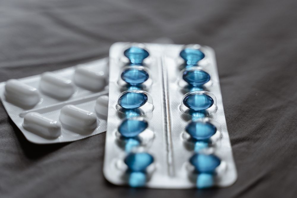 Blue tablets in blister packs