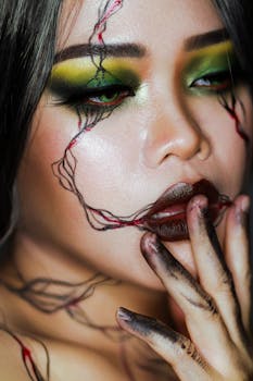 Close-up of artistic face paint and makeup with hand gesture, vibrant eye shadow.