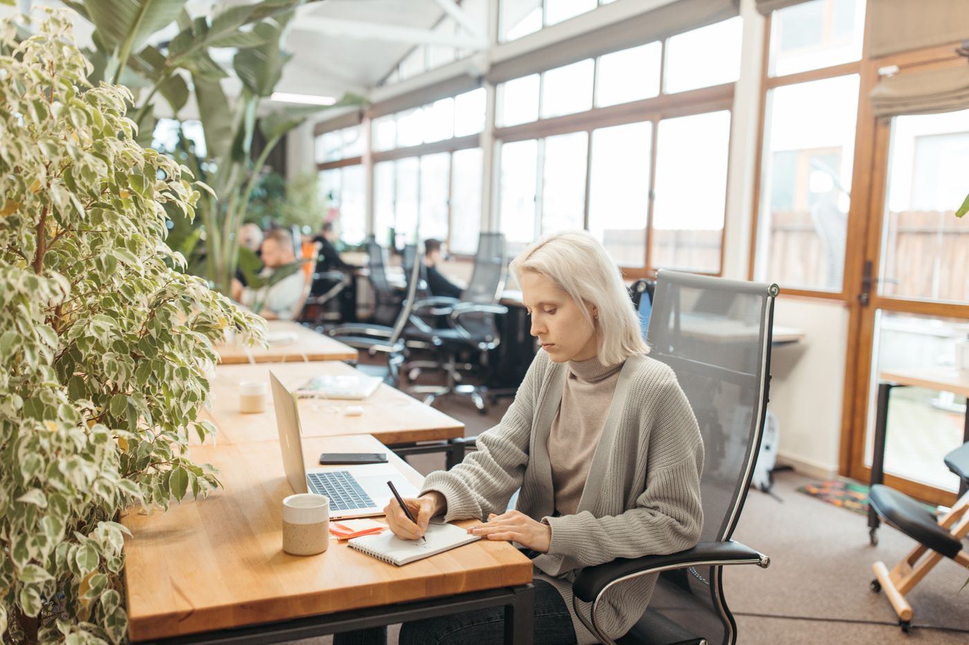 Young woman focused on work in a bright, modern office setting.