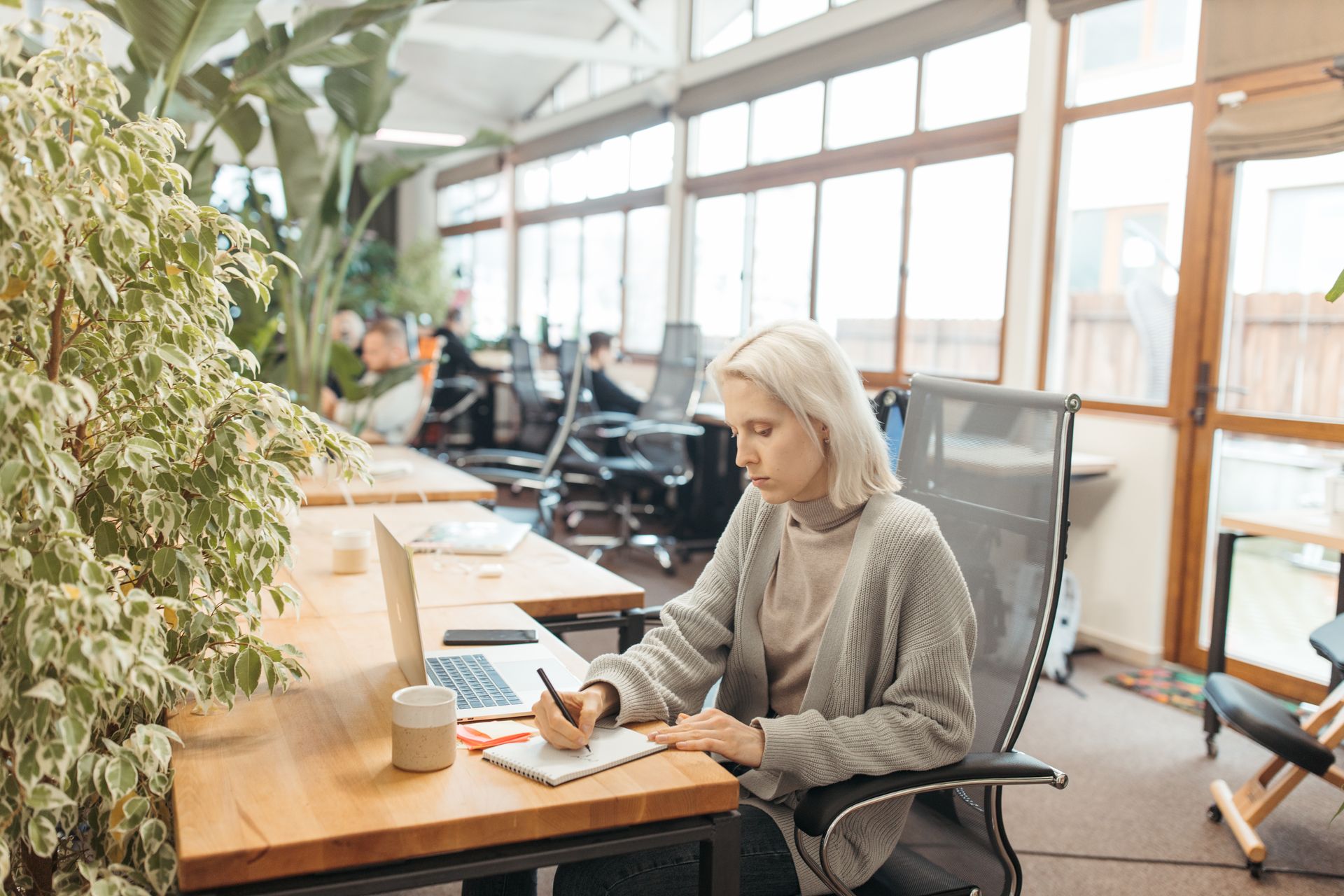 Young woman focused on work in a bright, modern office setting.