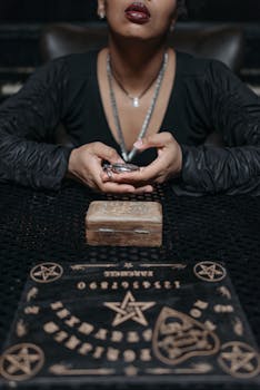 A woman holding a pocket watch, surrounded by a Ouija board, creating a mysterious ambiance.