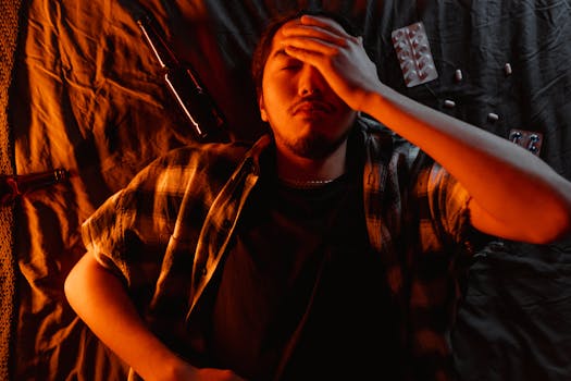 An adult man lies indoors with his hand on his face surrounded by pills and a bottle, indicating stress.