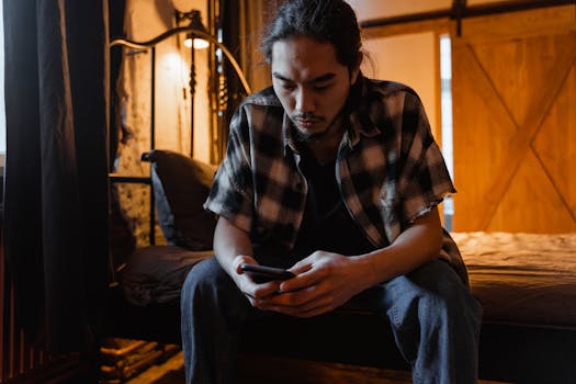 Pensive young man in casual attire using smartphone in dimly lit room, seated on bed.