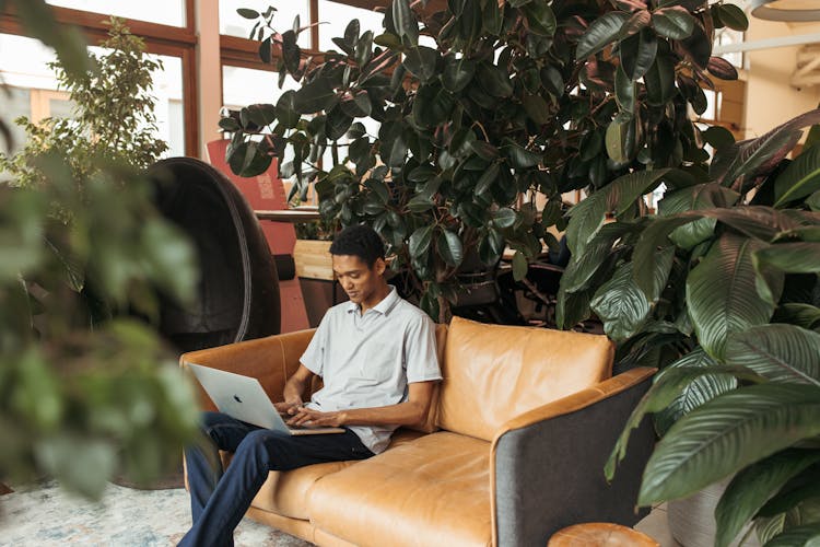 Man Sitting On A Couch While Using A Laptop