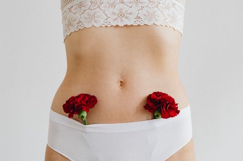 Free Close-up of a woman wearing white lingerie with red carnations. Delicate and artistic composition. Stock Photo
