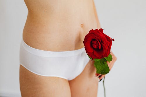 Free Person in White Underwear Holding Red Rose Stock Photo