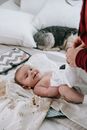 Crop anonymous caring mother putting on clothes on infant baby lying on comfortable couch with dog in light living room