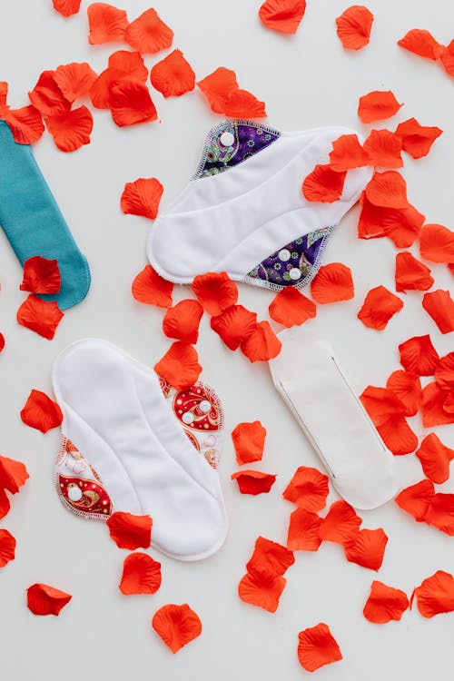 Hygienic Pads and Flowers Petals on White Background