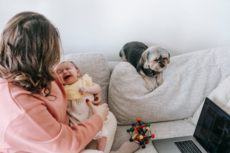 Faceless Mother With Crying Baby Near Dog