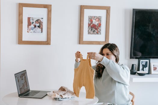 Happy young mother with long hair in casual sweatshirt folding clothes of baby while sitting at table with laptop in modern light apartment